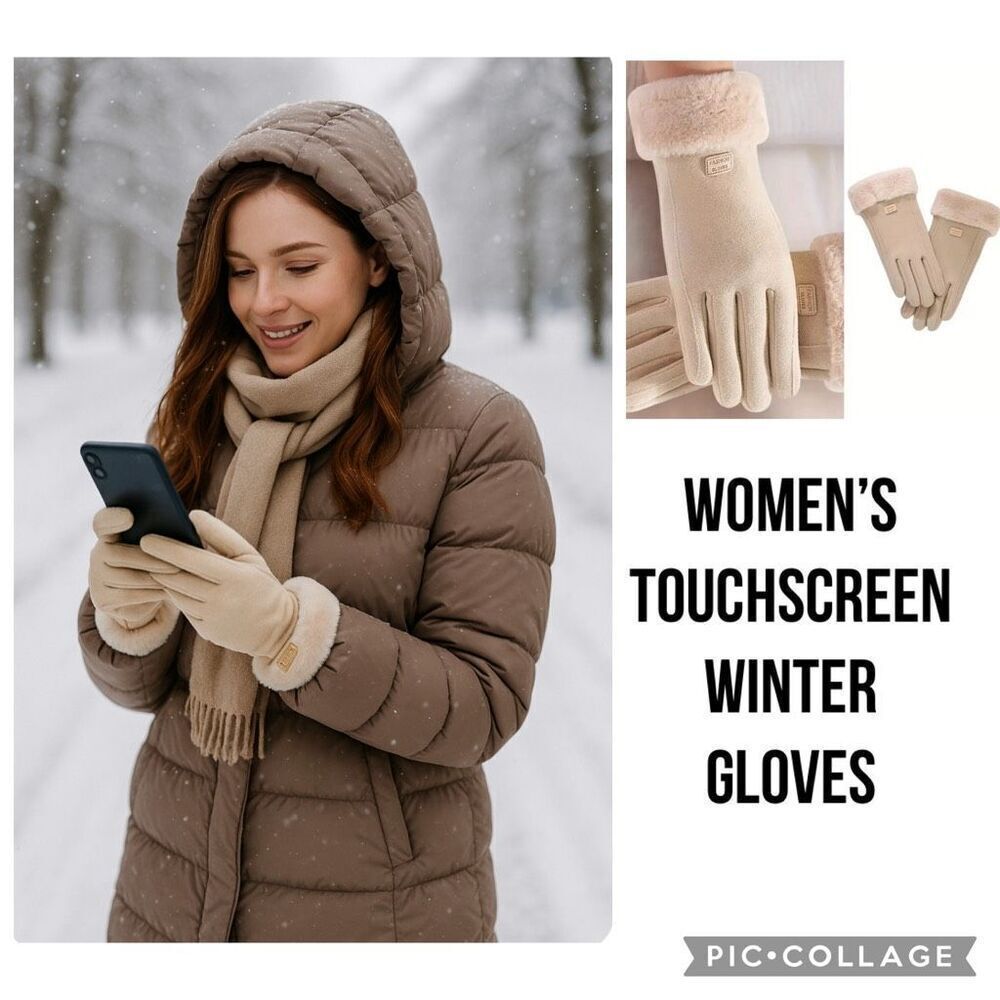 Women’s Beige Thermal Winter Gloves Faux Fur Cuff Touchscreen Compatible